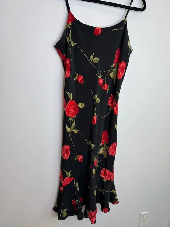 Jessica Black Slip Midi Dress with Red Rose Print chic romantic style 90's 12 - Picture 3 of 6